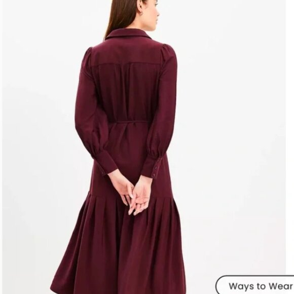 LOFT Burgundy Pleated Tie Waist Midi Shirtdress Size 6P NWT - Picture 3 of 10